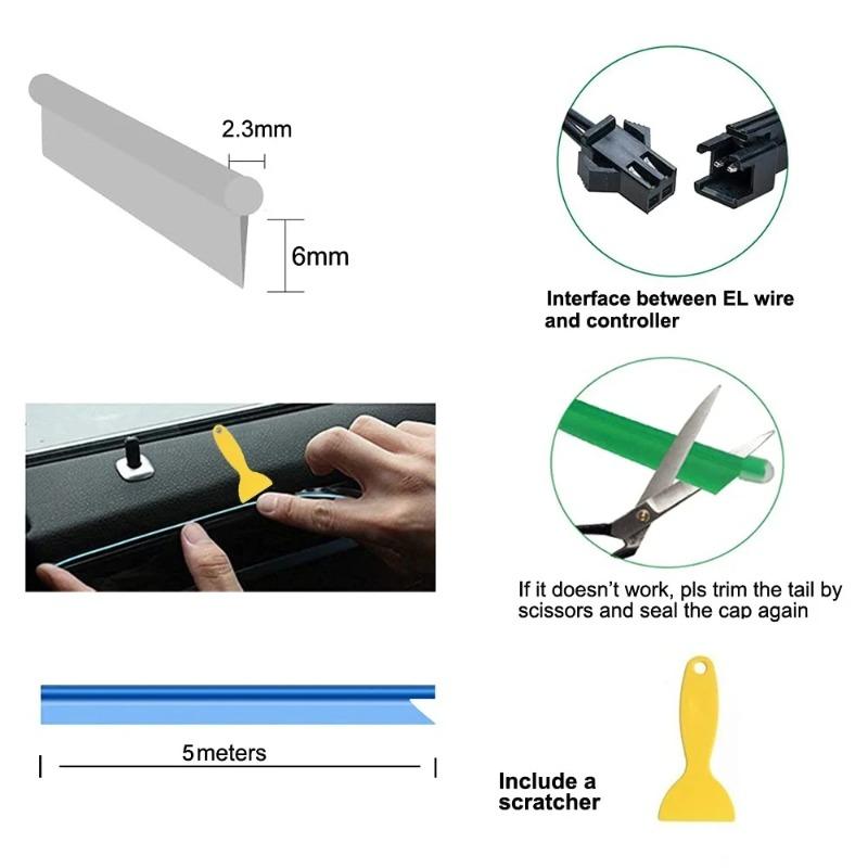 Car Interior LED EL Neon Strip USB Flexible Ambient Light, 3M/5M Optional DIY Atmosphere Lamp for Auto Interior Decoration