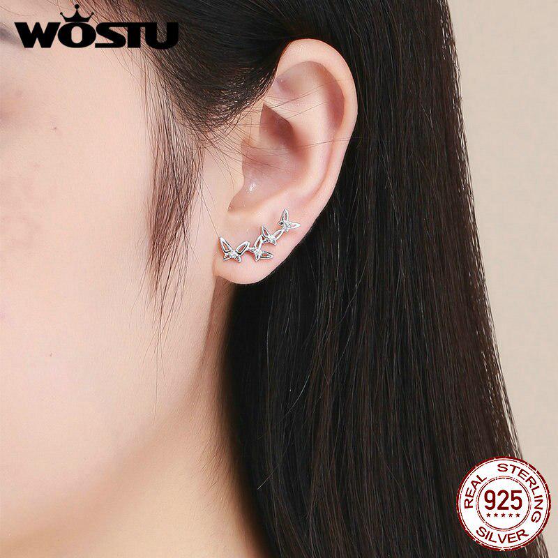 WOSTU 925 Sterling Silver Decorative Butterflies Stud Earrings Classic Small Earrings For Women