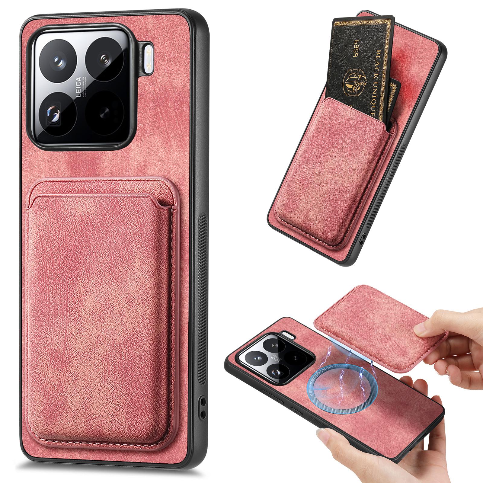 

For Xiaomi 15 Case Retro Leather+TPU Phone Cover with Detachable Card Slot Pink