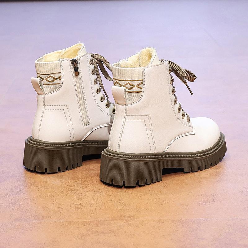 2025 New Fashion Thick Sole Women's Boots Large Size Women's Shoes Black Keep Warm Fleece Platform Lace-up Ankle Boots 4875