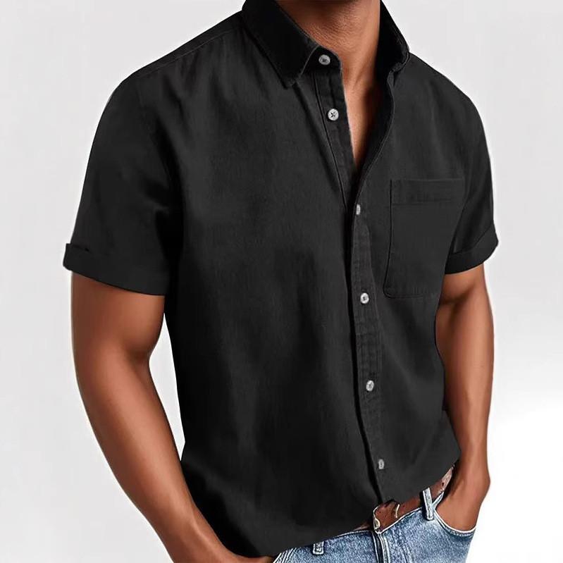 Men'S Fashion Collar Solid Color Shirt Casual Short Sleeved Top