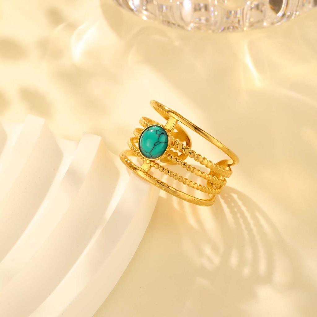 Multi-layer Turquoise Opening Ring for Women,Gold Color Stainless Steel Geometric Natural Stone Rings,Charm Accessories Jewelry