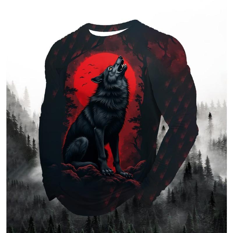 2024 Men's Fashion Print Round Neck Long Sleeve Party Autumn Sports Casual Pullover Men 3d Lonely Wolf Blue Print Tops