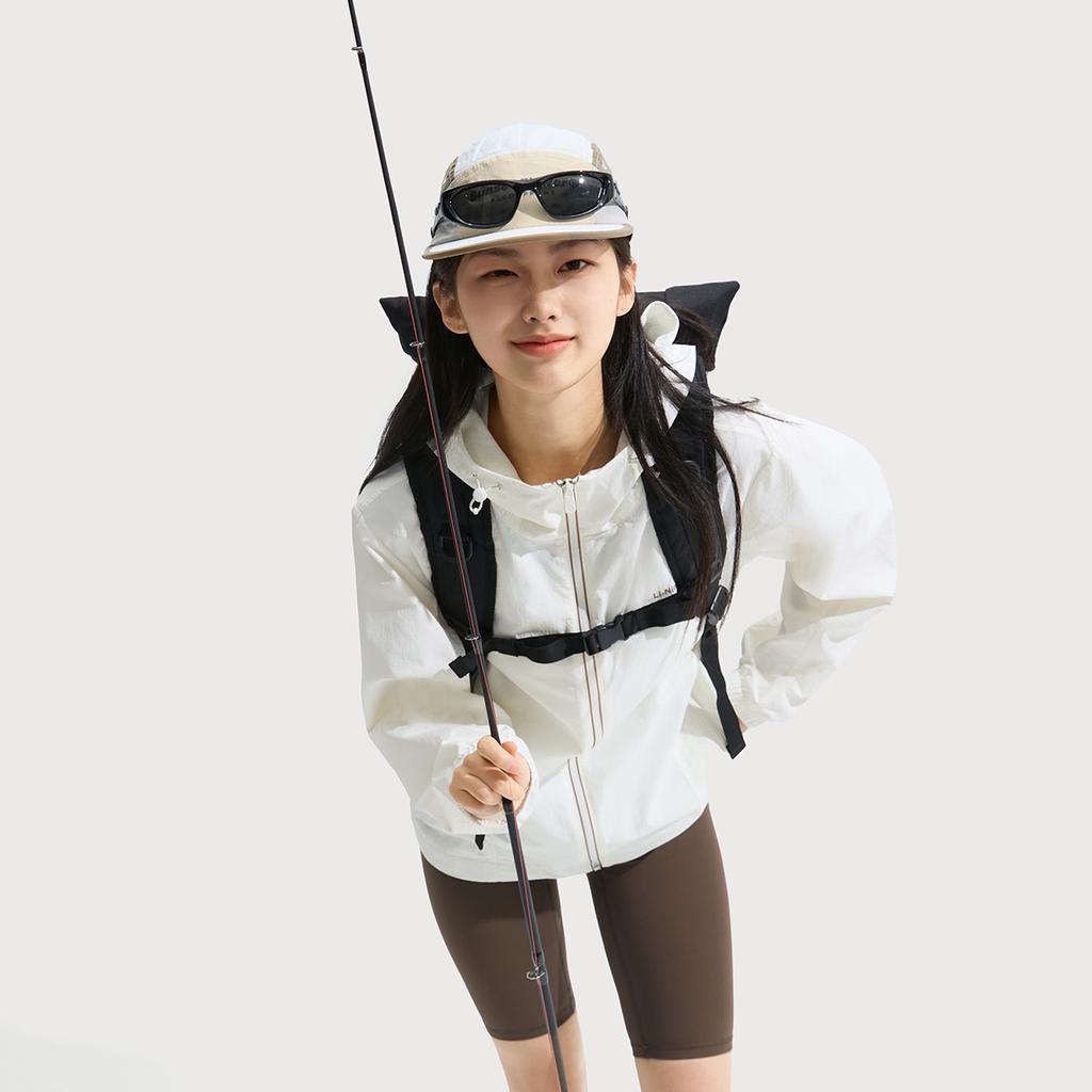 Li Ning Leaf Ruffle Sports Casual Minimalist Solid Color Hooded Zipper Loose Windbreaker Women Outerwear Off-White AFDV448-7