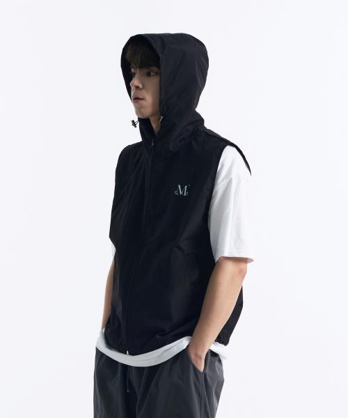 Mucent Tech Nylon Hooded Vest Sleeveless Anorak Windbreaker Vest (Black, Charcoal)