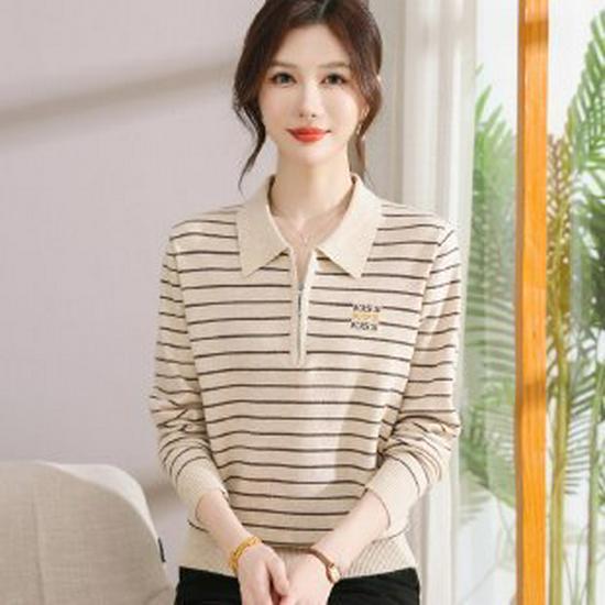 

2026 Autumn Fashion Knit Sweater for Middle-Aged and Elderly Women - Lapel Shirt Base Layer Top. 3XL бежевый