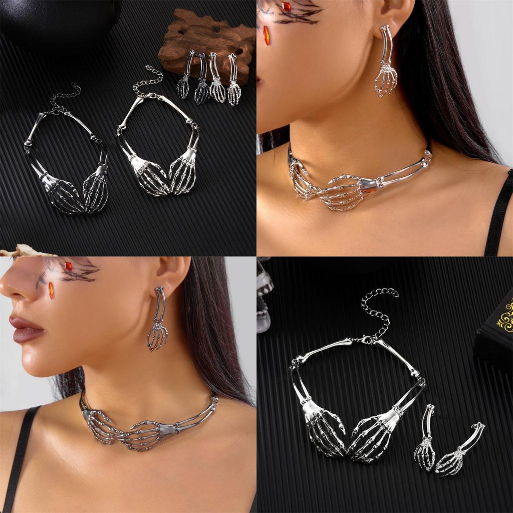 Gothic Skull Necklace Earrings Set With Alloy Pendant For Halloween Costume Accessories