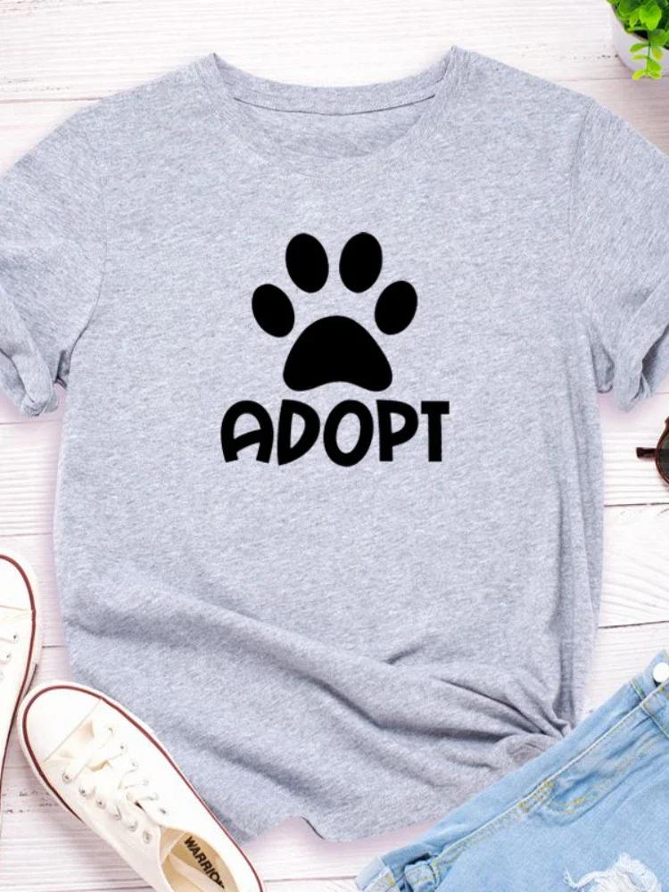 

Женская футболка с принтом собачьей лапы, надписью «Adopt», коротким рукавом, круглым вырезом, свободная, женская футболка, женская футболка, топы, одежда, camisetas mujer XXXL светло-серый