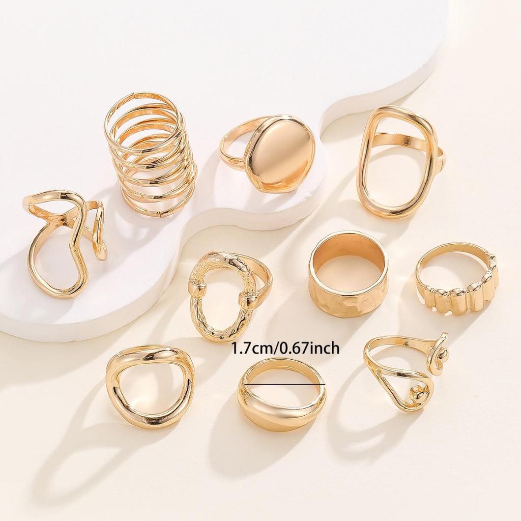 European & American Trendy Geometric Luxury 10-Piece Ring Set: Versatile and Elegant Hollow Design
