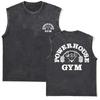 Men's Vintage Washed Sleeveless T-Shirt Powerhouse Gym Print Bodybuilding Tank Top Cotton Casual Muscle Fitness Vest