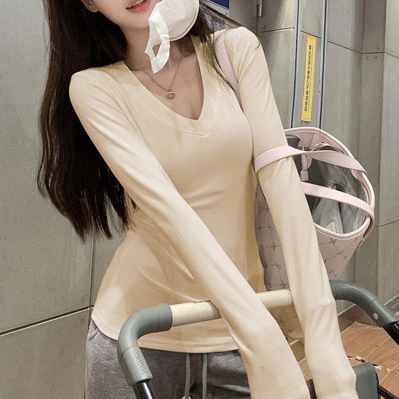

Women s Slimming V-Neck Long Sleeve T-Shirt - Versatile Autumn/Winter Age-Reducing Design M (95-105 jin) абрикосовый
