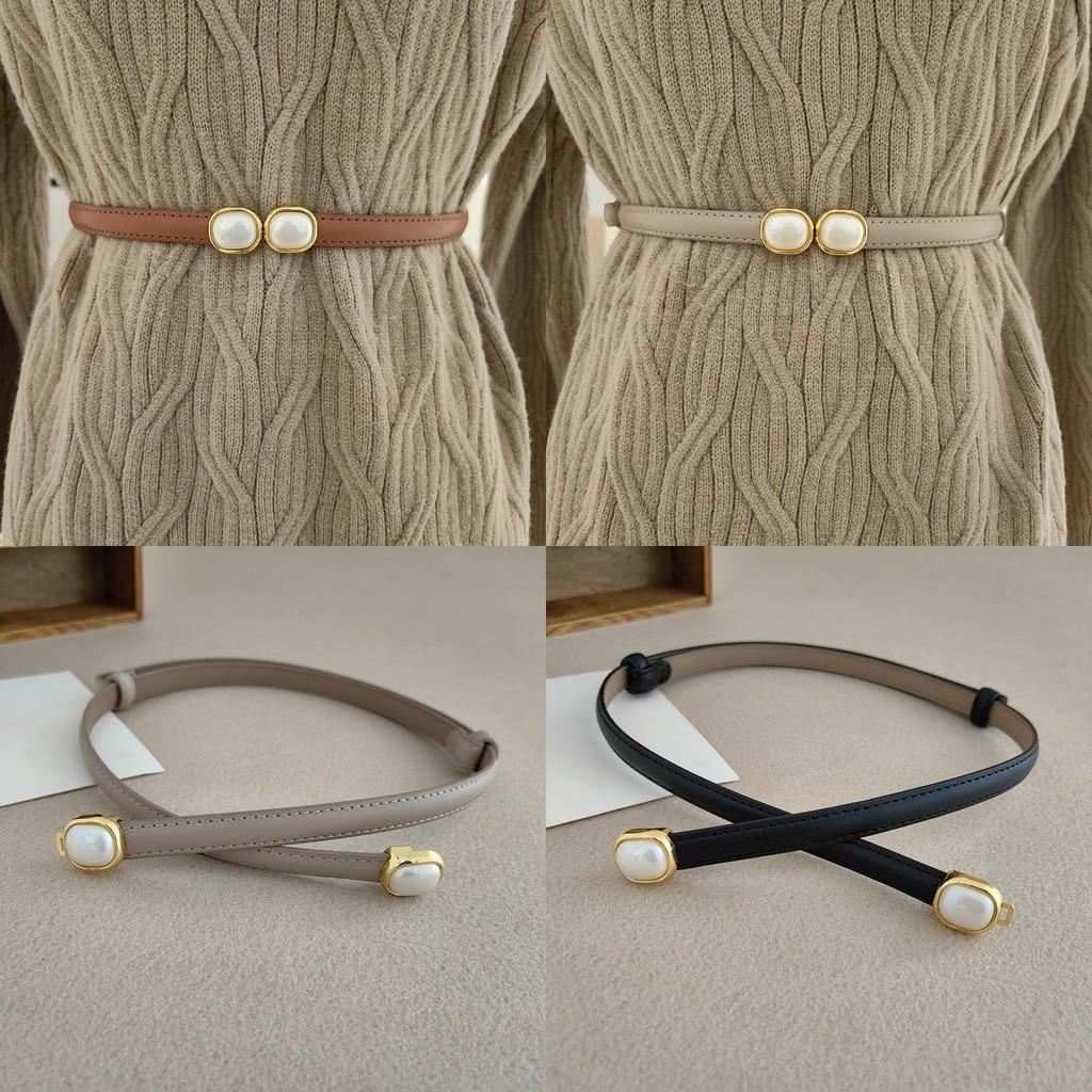 Fashionable Women Leather Belt With Pearl Metal Buckle For Office Gift Weekend