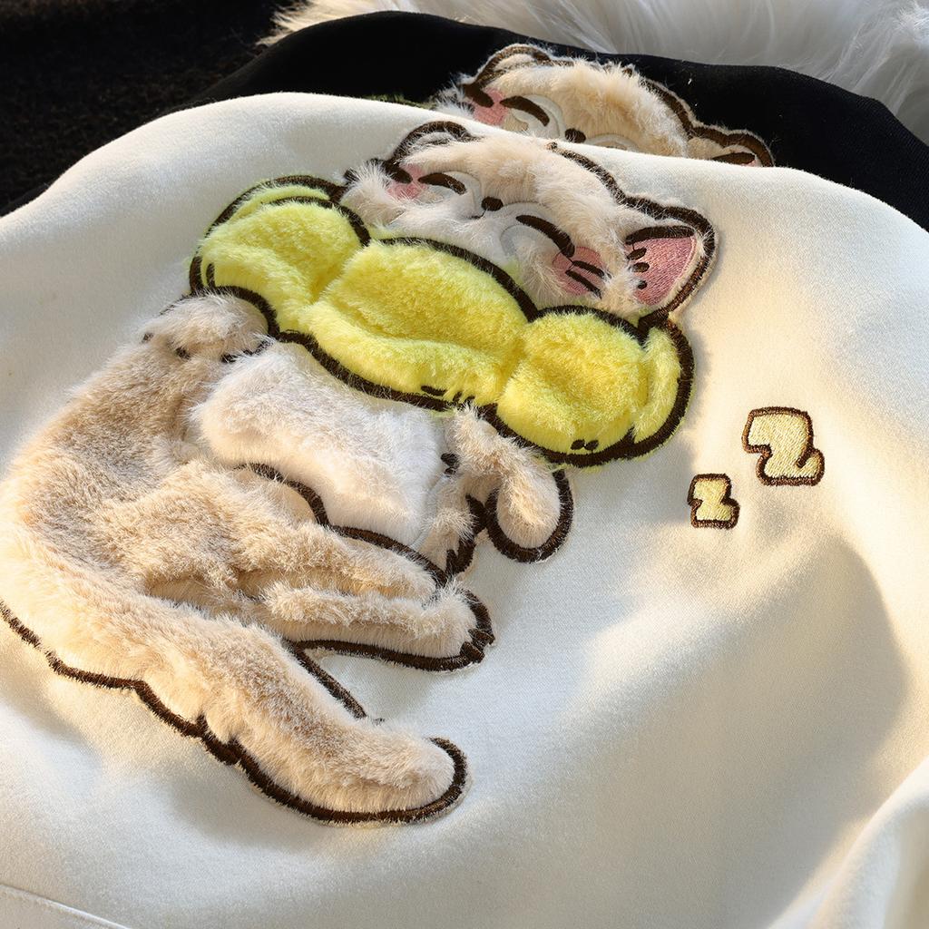 Flocking cute cat hooded sweater, men's and women's niche designs are different, couples' coats are medium and long.