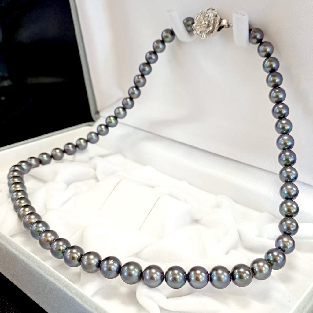 Akoya Pearl Black Necklace Natural Pearl Jewelry High-Luster Approx.40cm 7.0mm–7.5mm 33.2g Silver Clasps w/Box