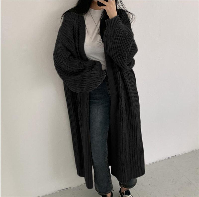 Korean College Style Medium and Long Knitted Cardigan Autumn and Winter Loose Solid Color Large Size Lantern Sleeves Sweater Women's Casual