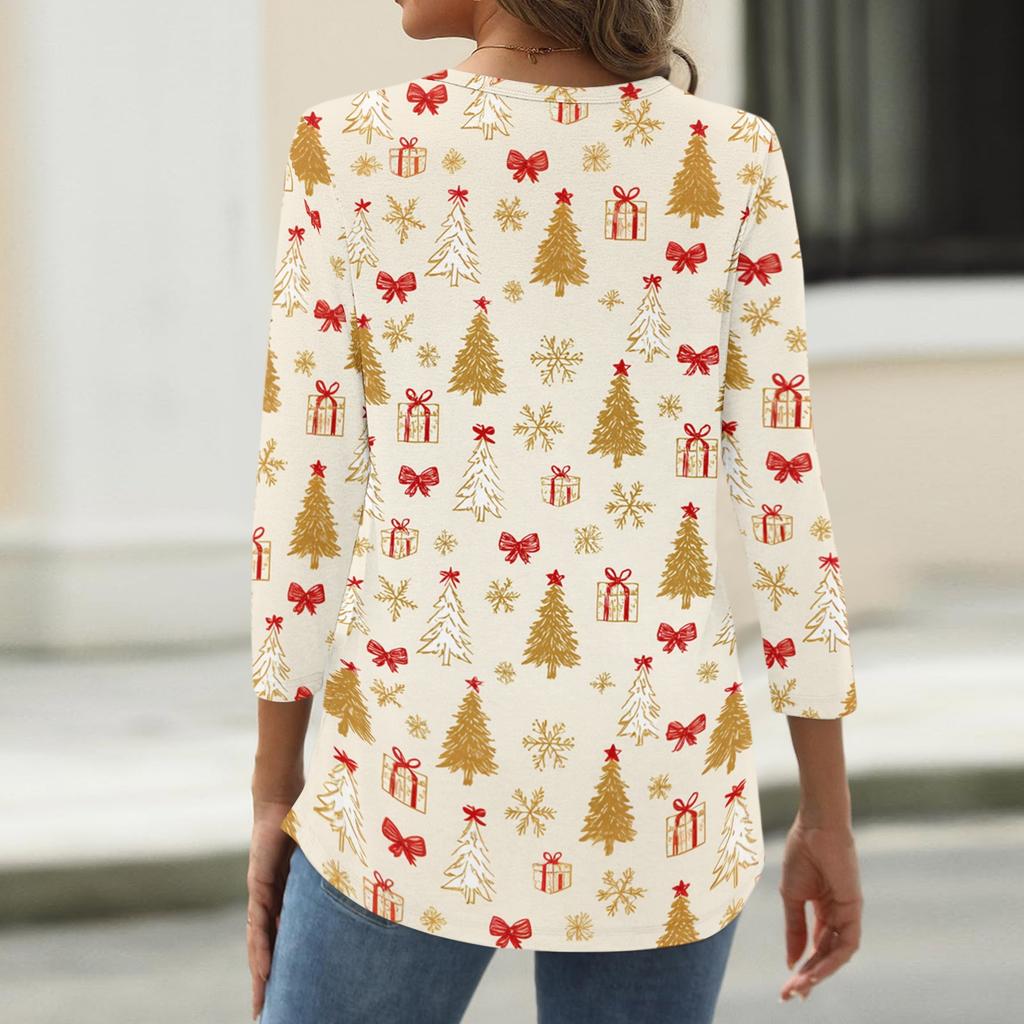 Women's Casual Christmas Print V-Neck Button Three-Quarter Sleeve T-Shirt
