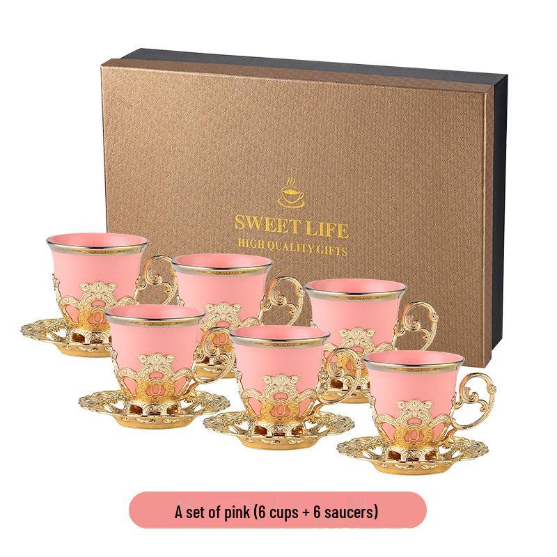 European Gold Rimmed Coffee Cup & Saucer Set - 6 Pieces, Electroplated, Gift Box Included розовый