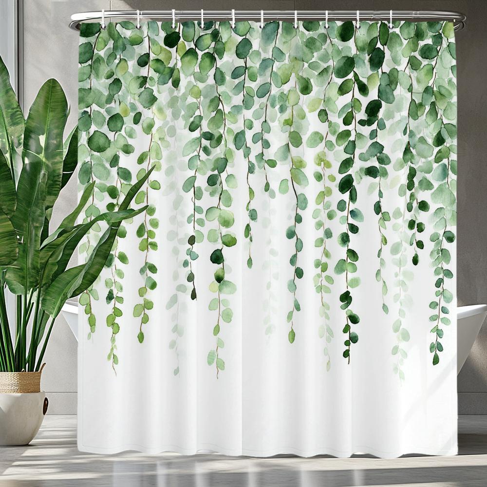 Green Leaf Shower Curtain, Plants and Eucalyptus Leaves Bathroom Decor, Waterproof Polyester Shower Curtain, Home Decor Curtain