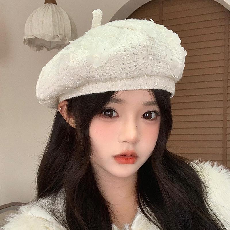 Korean New Small Fragrance Style Flower Beret Fashionable and Versatile Octagonal Hat for Women Autumn and Winter Outdoor Casual Painter Hat
