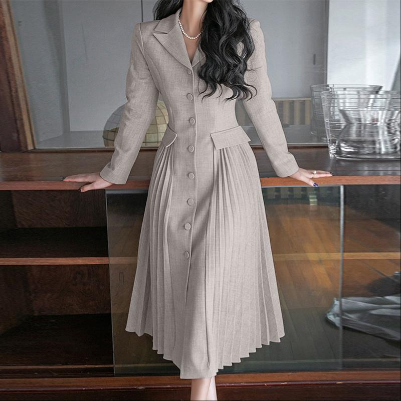 

ZANZEA Женское повседневное платье-миди с отложным воротником и длинным рукавом S хаки