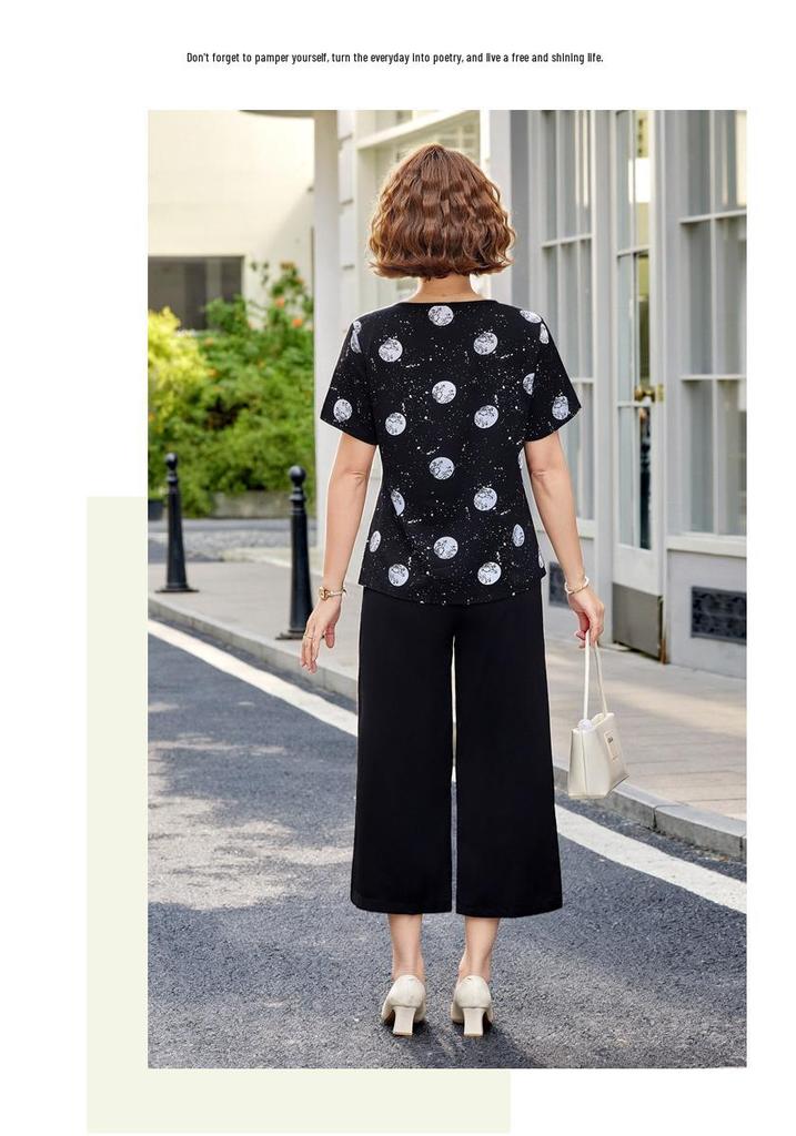 Summer Chinese Style Two-Piece Set: Short Sleeve Top & Wide Leg Pants for Middle-Aged Women