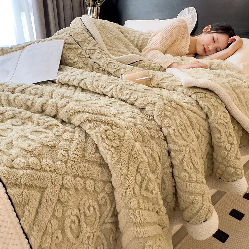 Nordic Double-Layer Thick Coral Fleece Blanket Keep Warm and Super Soft Sofa Nap Cover Queen King Quilt with Velvet for Winter