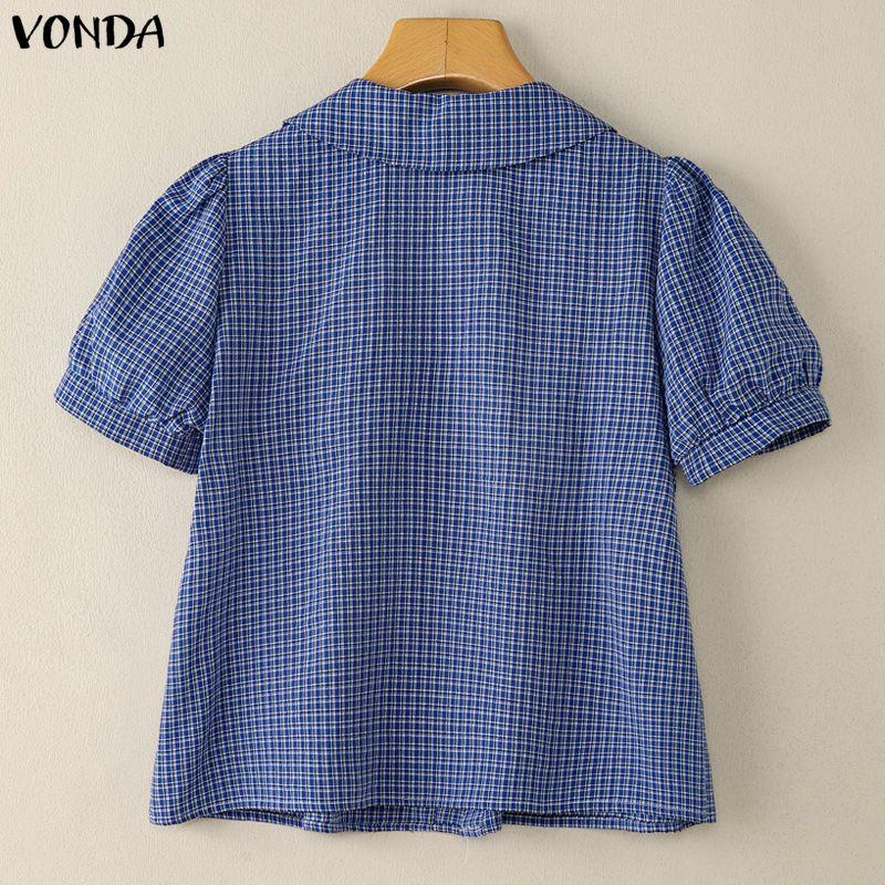 VONDA Women Doll Collar Puff Sleeve Button Up Plaid Blouse Tops