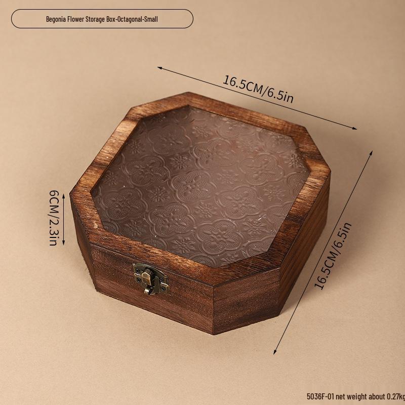 Retro Begonia Glass Lid Wooden Storage Box for Sundries, Dried Fruits, Cosmetics, and Documents