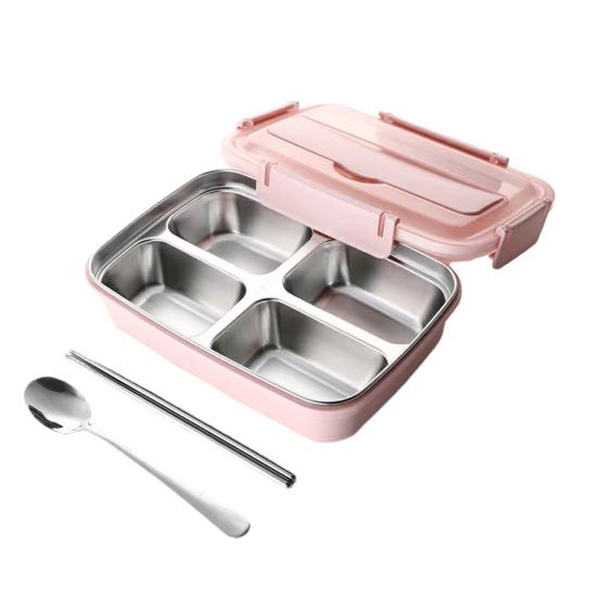 Lunch Box Stainless Steel Inner Container with 3/4 Compartments Leak-Proof Bento Box with Chopsticks Spoon Mobile Phone Holder