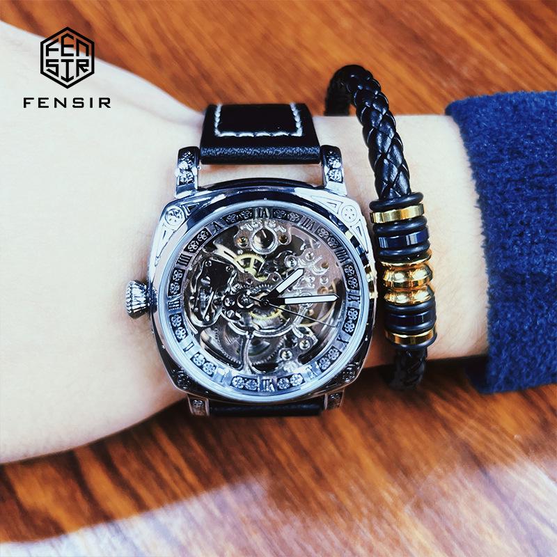 Herren Skelett Automatische Mechanische Uhr, Geprägtes Edelstahl