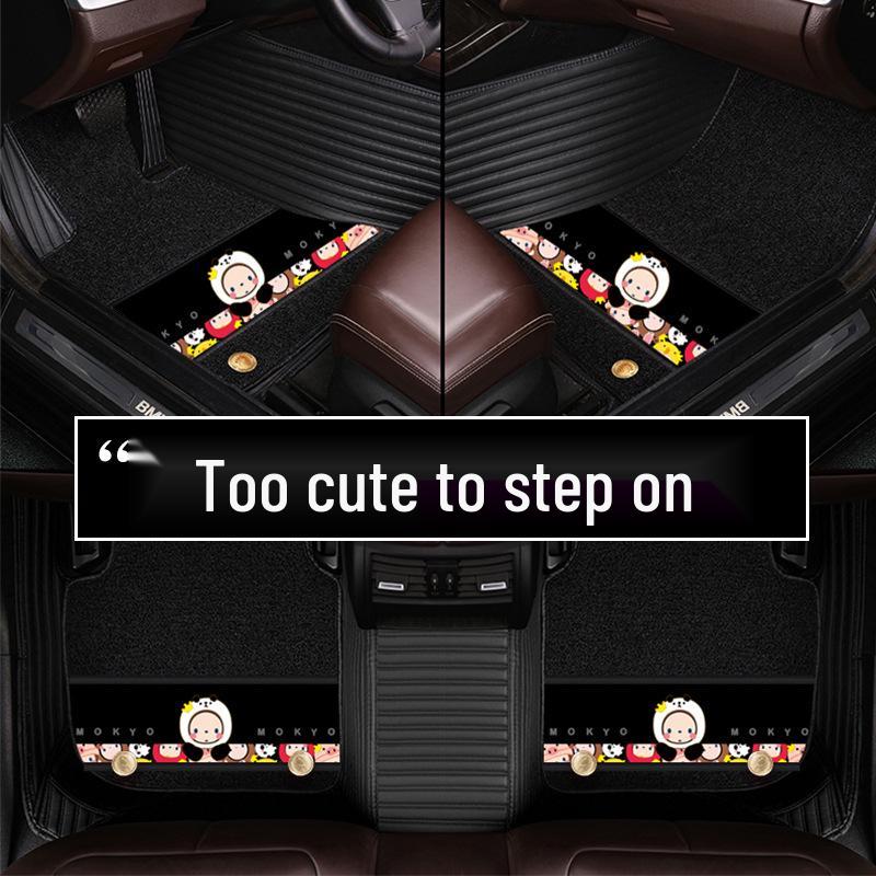 Custom Leather Car Floor Mats for Women - Cartoon Design, Double-Layer, Full Coverage