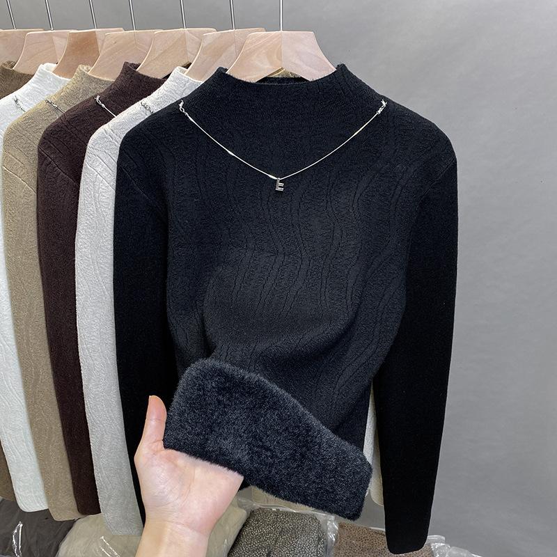 Pulover de catifea dintr-o singură piesă pentru femei, pulover gros de catifea cu gât mediu înalt, pulover tricotat, top interior la modă pentru toamnă și iarnă