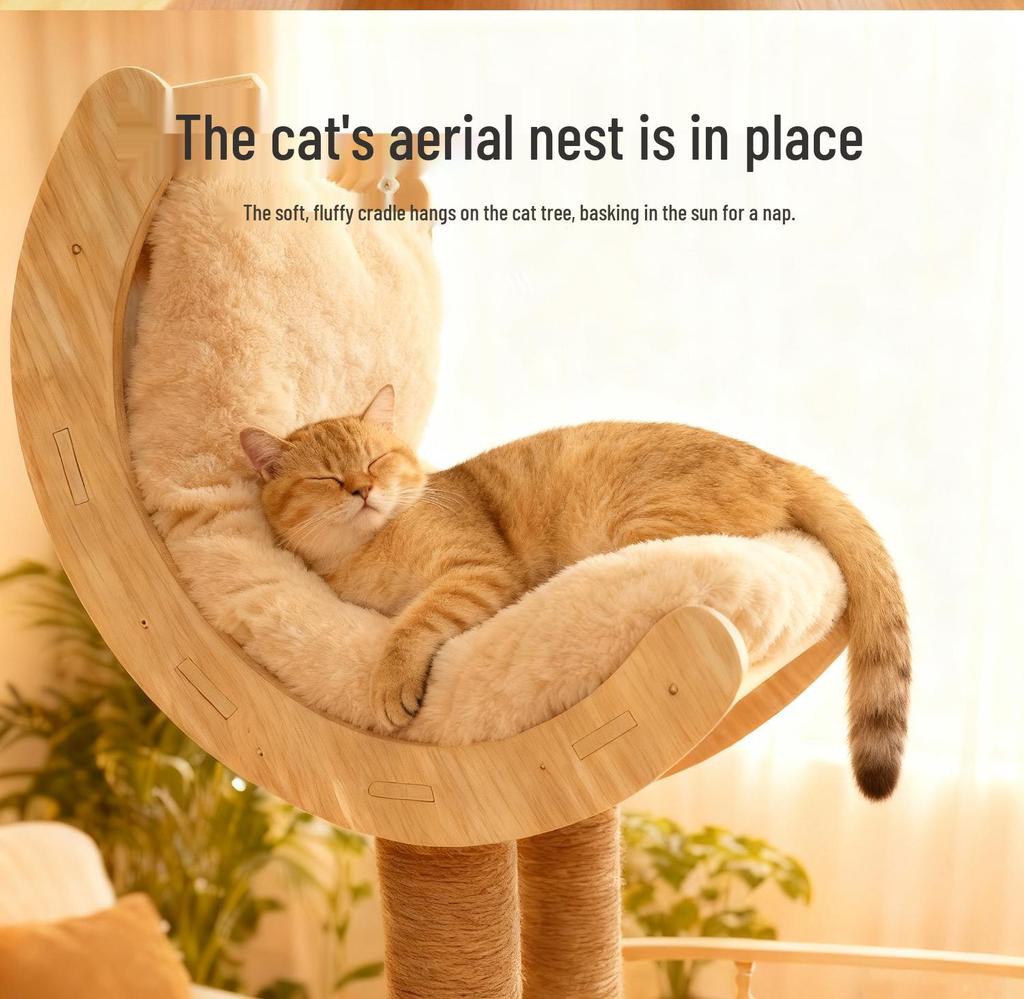 Solid Wood Cat Tree with Integrated Bed and Capsule Climber - Space-Saving Design for Small and Large Homes