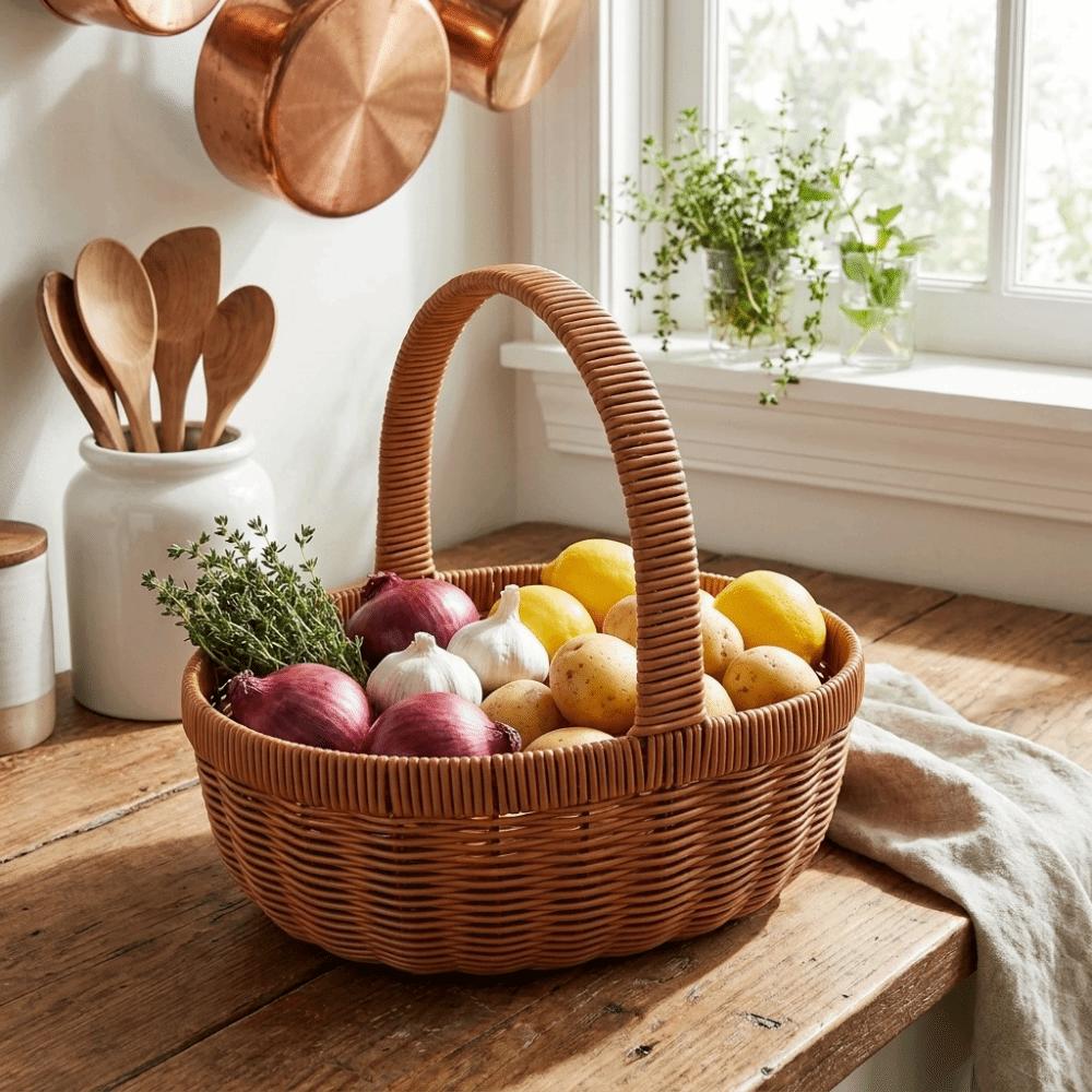 with Handle Imitation Rattan Basket Large Capacity Picnic Basket Handmade Basket Grocery Shopping