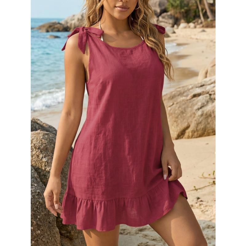 Fashion See Through Beach Cover Up Short Dress V Neck Backless Sexy Elegant Sheer Sleeveless Seaside Dresses Solid Color Lace-up Clothing