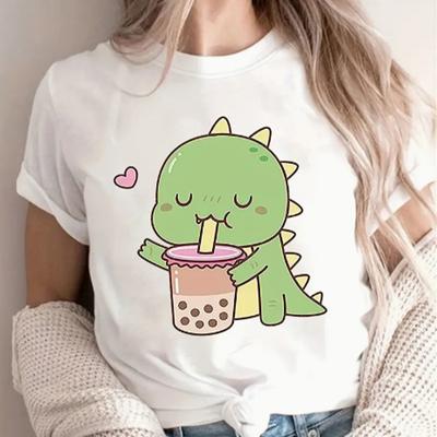 Fashion Women Simple Lines Dinosaur Smiley Face Print T Shirt Funny Casual O-neck Short Sleeves T-shirt Summer Female Tee Shirt