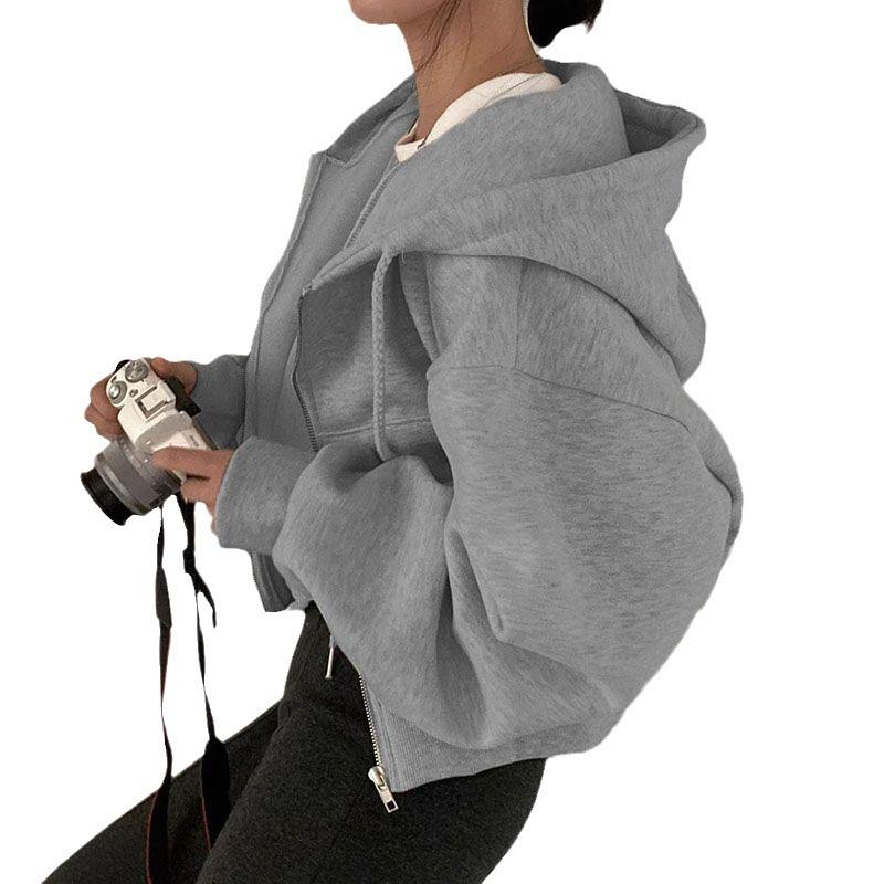 Women's Loose Fit Zip-Up Hooded Sweatshirt - Solid Color, Autumn/Winter 2025 Collection, Available in 6 Colors.