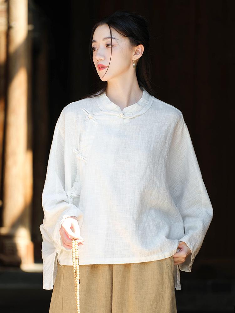Women's Zen Style Long Sleeve Ramie Top with Frog Buttons - Chinese Retro, Sand Washed, Brushed Cotton Linen
