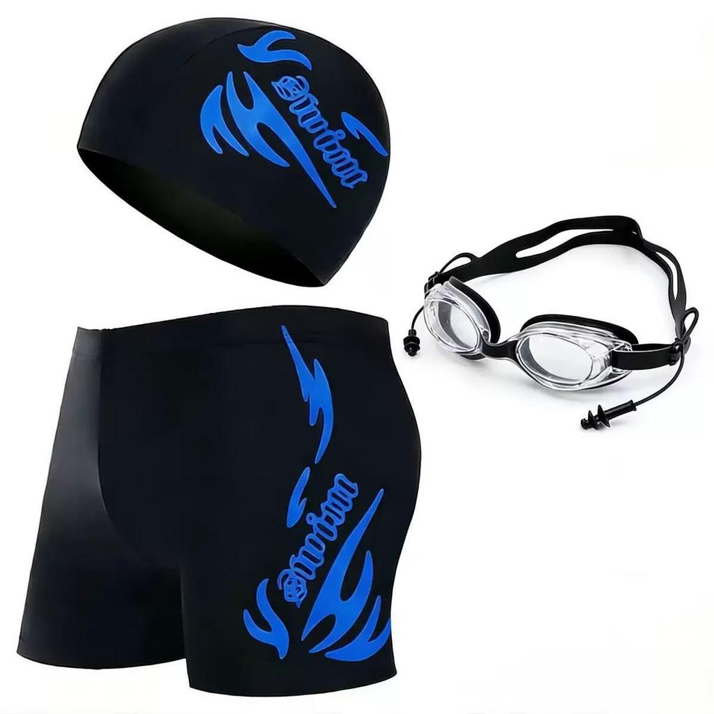 Men's Quick-Dry Boxer Swimsuit Set with Swim Cap, Plus Size, Printed Design, Ideal for Swimming and Hot Springs Sports.