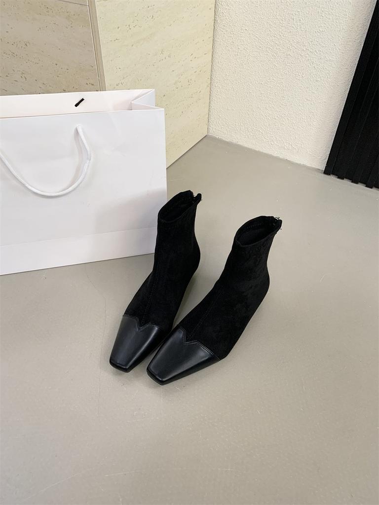 Low-heeled short boots Women's thick-heeled autumn and winter design sense Splicing square-headed thin boots and bare boots
