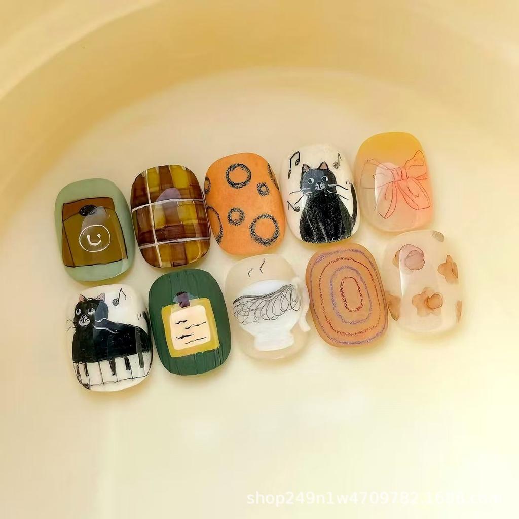 30Pcs Cute Cartoon Short Bean Shaped Press On Nails Autumn Winter Niche Design Fake Nails Gift For Girls And Friends