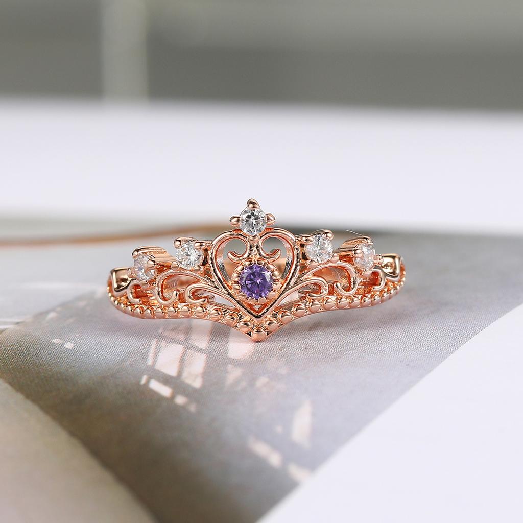 Purple Heart Crown Rings For Female Party Wedding Finger Ring Rose Gold Crystal Jewelry for Women Anel KBR212