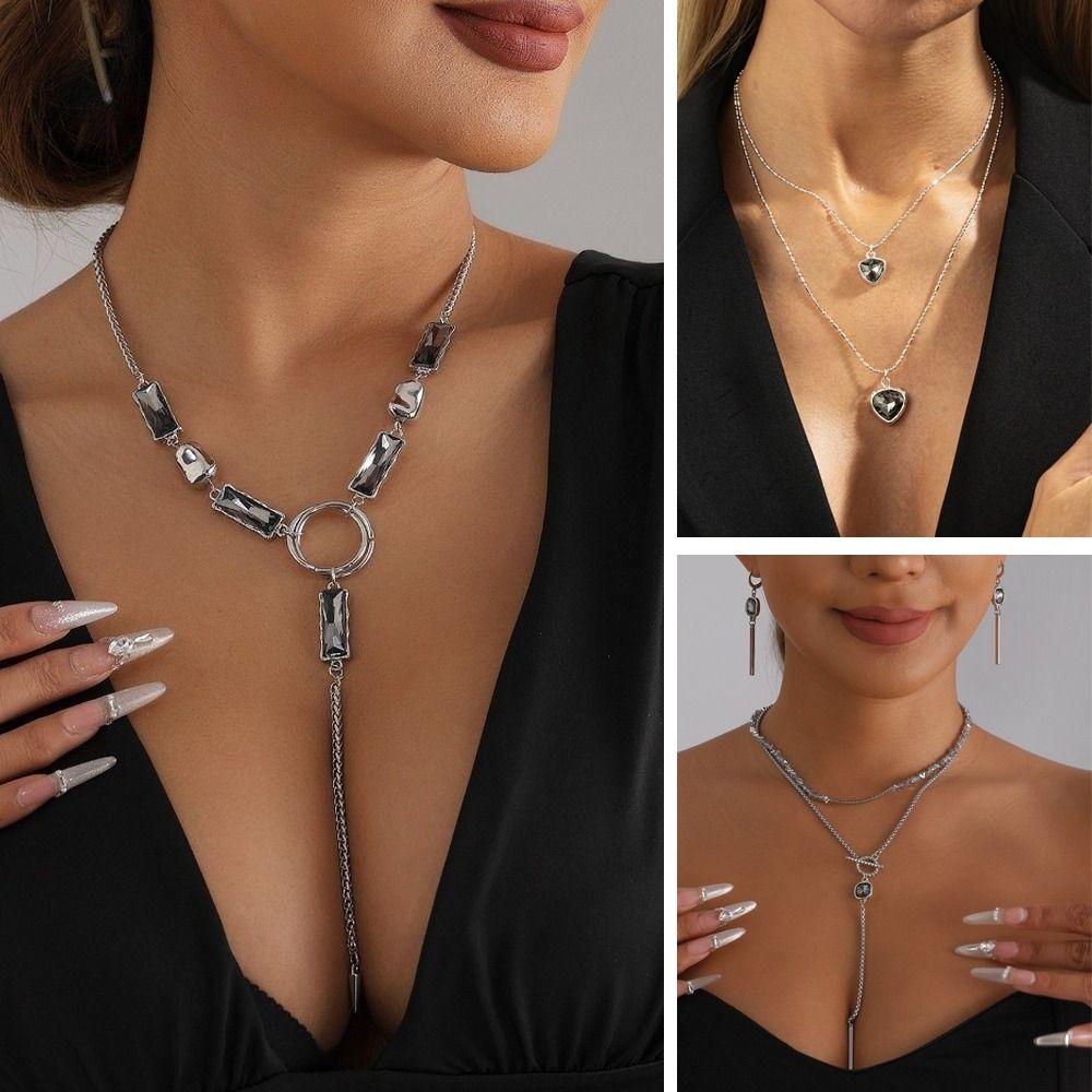 Y-förmiger grauer Glasanhänger Geometrischer langer Quasten-Schichtketten-Halskette Geschenke Quadratische Halskette für Frauen
