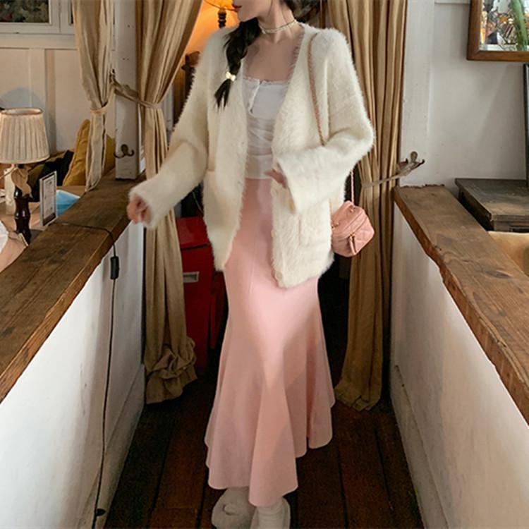 Temperament Elegant Imitation Mink V-neck Lazy Wind Sweater Women's Autumn and Winter Solid Color Pocket Knitted Cardigan