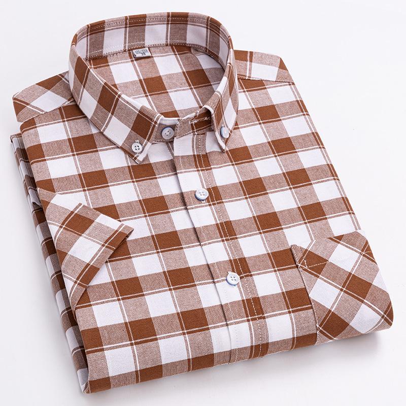 Men Oxford Short Sleeve Summer Plaid Shirts 100% Cotton Breathable  Striped Male Clothes Business Regular Fit Short Shirts