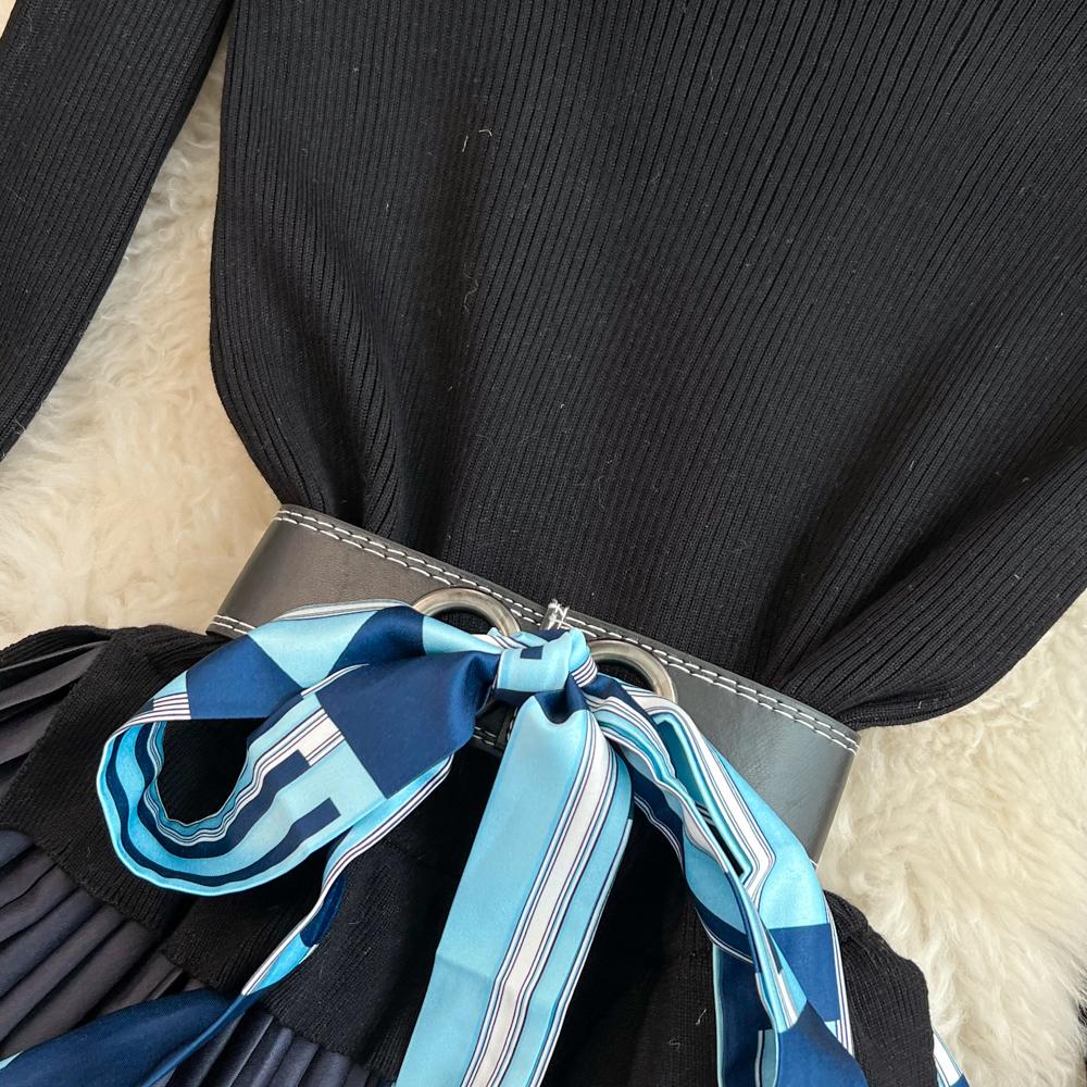 Vintage Elegant  O Neck Print  Pleated Long Sleeve Knit Dress A-line Casual Women Fashion High Waist Summer Spring