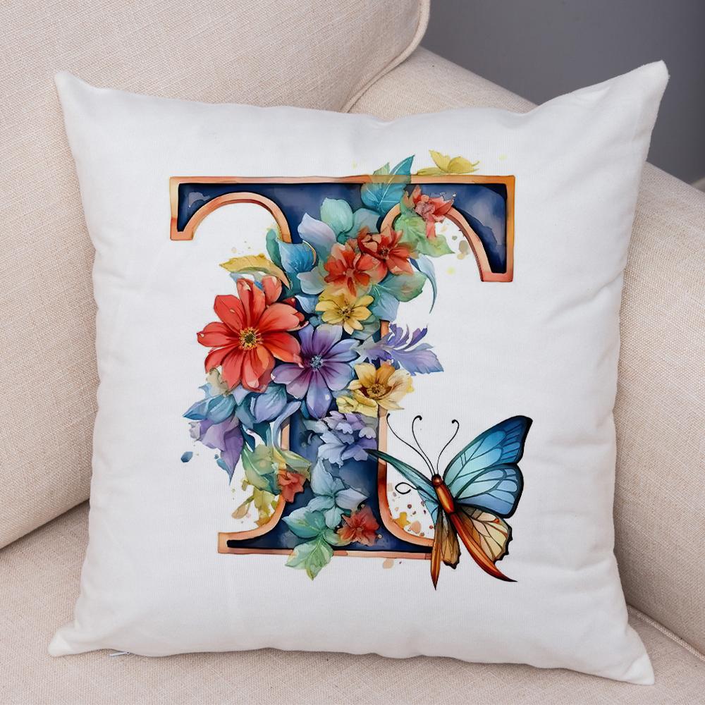 Floral Letter J Pillowcase Double Print Watercolor Letter U Cushion Cover Soft Plush Flower Letter D Pillowcase for Sofa Home
