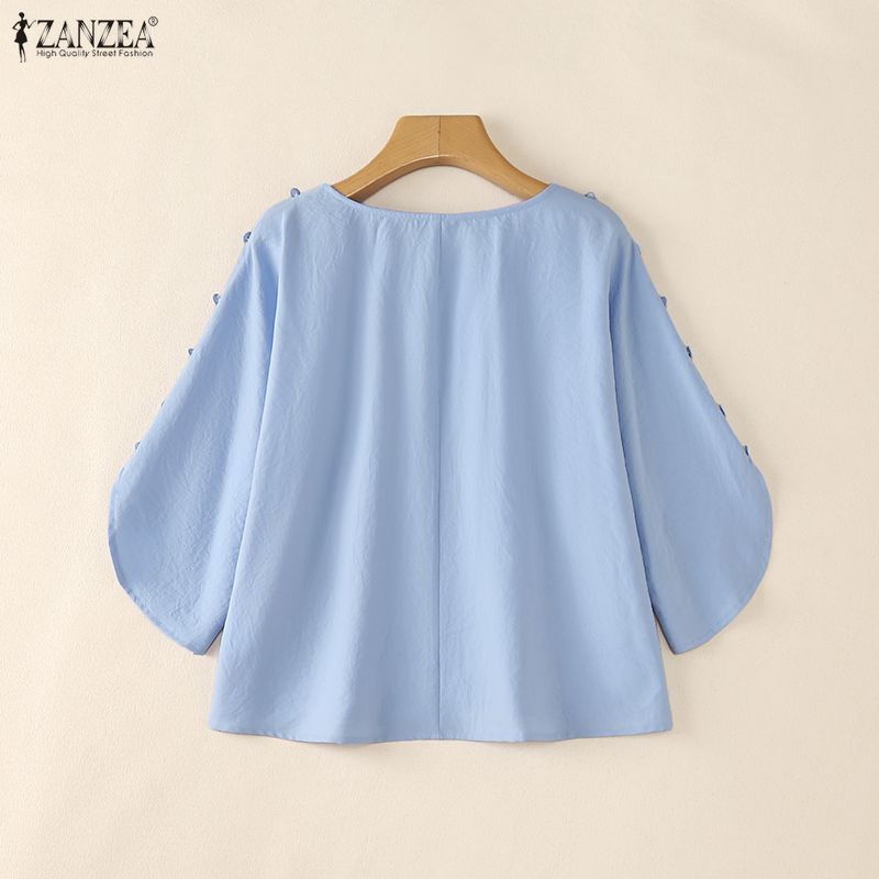 ZANZEA Blusa feminina casual com decote redondo e cor sólida, manga 3/4 solta