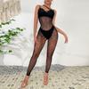 Sexy Leopardendruck Mesh Neckholder Jumpsuit mit offenem Rücken und Schritt