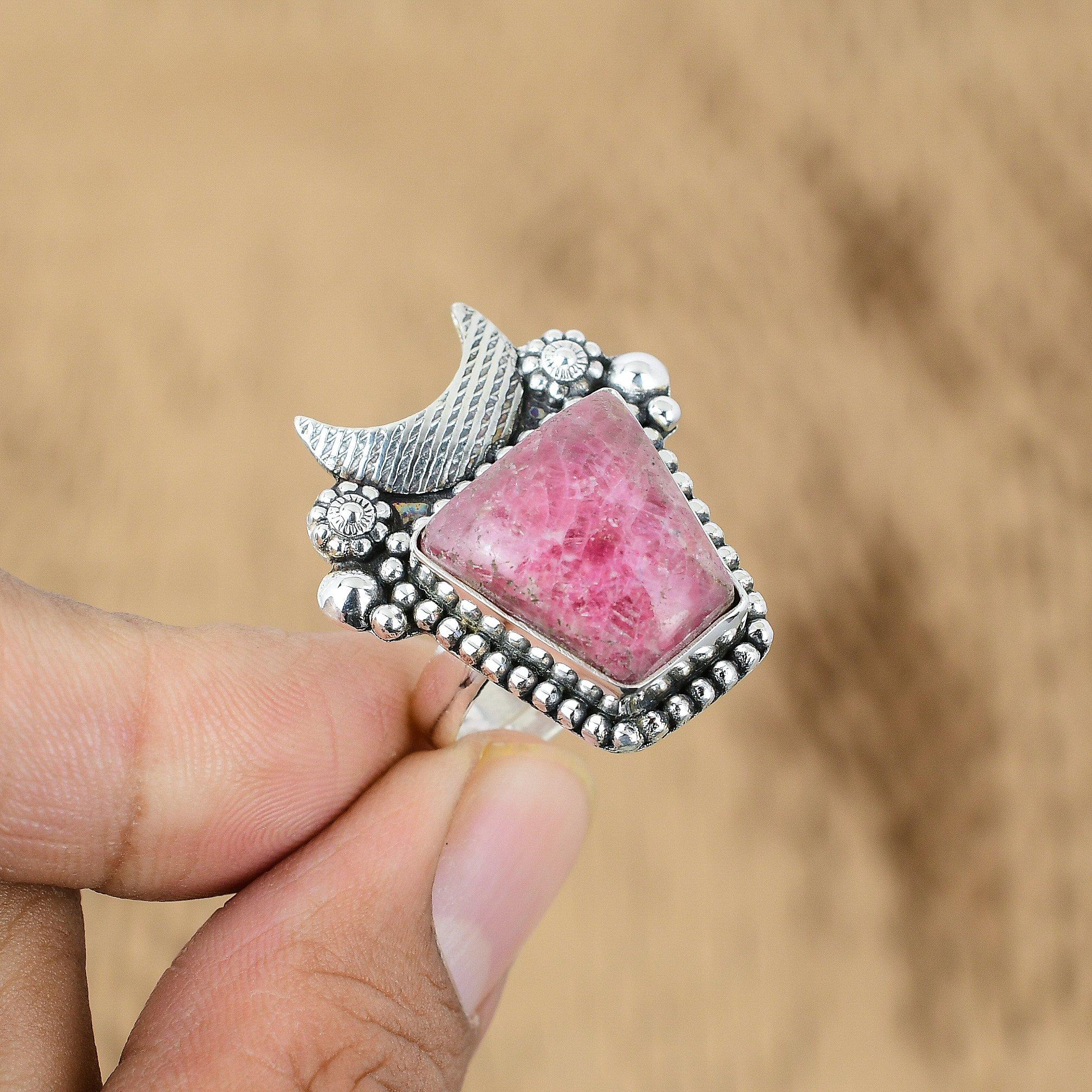 

Rhodonite Gemstone Sterling Silver Promise Handcrafted Cresent Moon Wedding Ring Yes